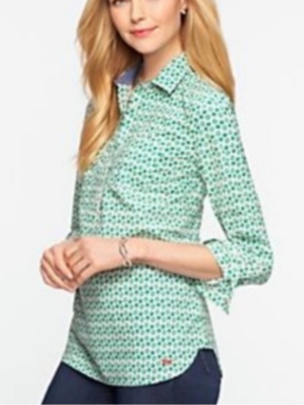 Talbots Cotton Green White Apple Print Popover Shirt, Size 16P
